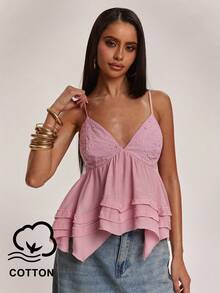 SHEIN BAE Women's Pastal Linen Fabric Lace Embroidery Patchwork Ruffle Strap Camisole,Summer Boho Sexy Vacation Beach Golf Top,Elegant Off-Shoulder Cute Blouse - Yellow - View 1
