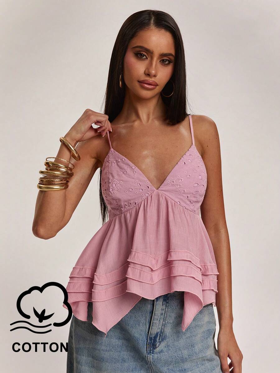 SHEIN BAE Women's Pastal Linen Fabric Lace Embroidery Patchwork Ruffle Strap Camisole,Summer Boho Sexy Vacation Beach Golf Top,Elegant Off-Shoulder Cute Blouse - Yellow - View 1