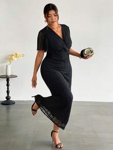 Firerie Vestido elegante de verano talla grande con nudo delantero y manga corta - Negro - Ver 8