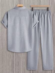 Manfinity Homme Men's Summer Casual Front Button Short Sleeve Shirt And Pants Set - Grey - View 2