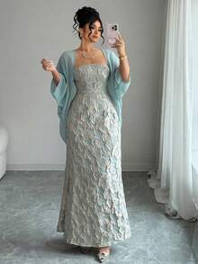 Elenzga Spring/Summer Plus Size Strapless Cinched Waist Mermaid Bean Green Light Green Mint Green Textured Jacquard Heavy Floral Relief Long Dress, Chiffon Sheer Open Front Design Jacket, Plus Size Women Elegant Exquisite Vacation Date Commute Romantic Two Pieces Set - Green - View 1
