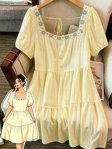 CURVE Women's Elegant Square Neck Floral Embroidery Dress, Exquisite Embroidered Dress Suitable For Daily Wear And Outdoor Activities - 黃色 - 查看 4