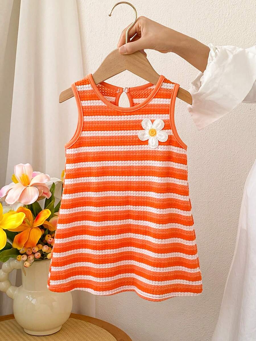 SHEIN Playful Pals 女嬰度假休閒條紋3D花朵裝飾無袖A字洋裝 - 橘色 - 查看 1