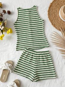 Travachic KIDS Tween Girl Vacation Casual Modest Knit Green And White Tank Top Elastic Waist Shorts Set Vacation Summer - Green - View 2