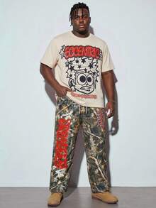 Modcrash Plus Size Men's Loose Fit Cartoon Red & White Graffiti Figure & Branch Camouflage Print Knit Short Sleeve T-Shirt & Pants Set, Casual & Fashionable, Plus Size Fit, Perfect For Dates And Gatherings, Great Gift For Boyfriend - Multicolor - View 1