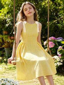 Vestido largo de princesa para niñas, estilo dulce y elegante, con lazo 3D, amarillo, suave y amigable con la piel, sin mangas, cuello cuadrado, cintura ceñida, para fiesta de cumpleaños, boda, temporada de actuaciones, ocasiones especiales y vacaciones, primavera-verano, nuevo - Amarillo - Ver 8