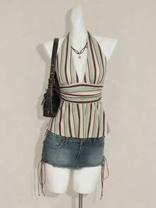 SHEIN ICON Atasan Tanpa Lengan Model Klasik dengan Leher Halter, Leher V Dalam, Pinggang Dikencangkan, Potongan A-Line, Tanpa Punggung, Gaya Klasik. - MultiWarna - View 4