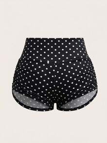 SHEIN EZwear 大码女式夏季休闲度假波点印花褶皱修身短裤 - 黑色 - 查看 3