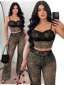 SHEIN SXY Summer Sexy Lace Patchwork Animal Print Cropped Camisole Flare Pants Club Night Out Party Beige Leopard Print - Multicolor - View 3
