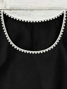 EMERY ROSE Plus Size Casual Medieval Minimalist Style Black And White Shell Embroidery Decorated Square Neck Shirt Suitable For Spring And Summer Vacation - Black - View 5