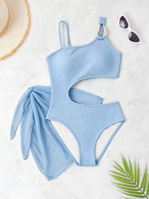 SHEIN Maillot de bain une pièce de style minimaliste pour préadolescentes avec bretelles asymétriques ajourées, accompagné d'une jupe cache-maillot