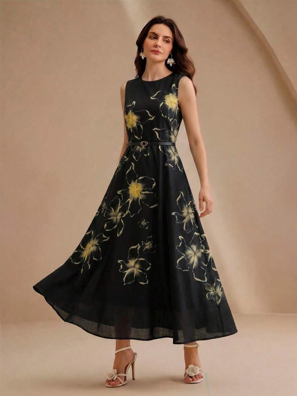 Anewsta Women's Sleeveless A-Line Maxi Dress,Black Floral,Summer,Elegant,Dining,3D Floral Decor,Waist Cinched With Navy Blue PU Belt,,Weddings