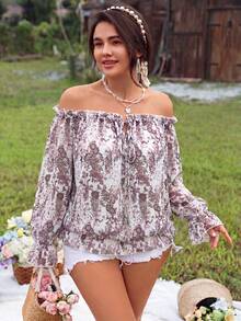 SHEIN LUNE 大码女式露肩碎花系腰灯笼袖派对/度假优雅长袖衬衫 - 玫紅色 - 查看 3