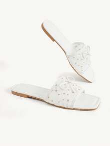 CUCCOO CHICEST White Square Toe Small Daisy Embroidered Sandals, Mesh Yarn, Daily Commuting Versatile Mules Summer - White - View 4