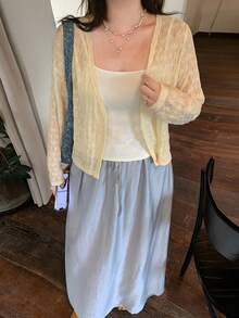 Dazy Plus 素色蕾絲V領修身長袖開襟外套 優雅大尺碼女款 春夏杏色薄款夾克 初秋可愛上衣 - 杏色 - 查看 4