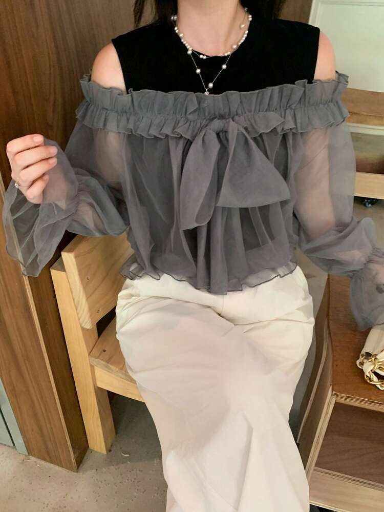 Dazy Plus Solid Color Sheer Mesh Bow Ruffle Cuff Fitted Slimming Casual Versatile 2-Piece Set For Women Spring Summer Autumn