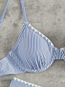 Swim Mod 2026 Spring/Summer New Fashion Striped Print Sexy Backless Women's Thin Strap Bikini Two Pieces Beach Swimsuit Set - Blue and White - View 4