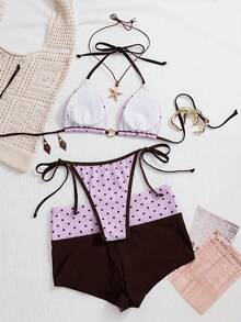 Swim Mod 26SS Spring/Summer Vacation Beach Polka Dot Bikini With Shorts 3 PiecesSwimsuit Set - Multicolor - View 3