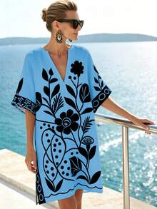 SHEIN Holidaya 简约米色和黑色花卉印花V领短袖宽松A字连衣裙，适合工作和休闲场合，版型修身，花卉图案装饰 - 藍色 - 查看 3