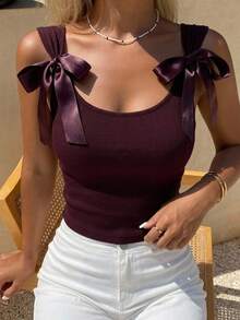 Joudiya Backless Bow-Tie Lace Up Short Sleeve Women's Slim Fit T-Shirt Going Out Tops Summer Halter Top - Burgundy - View 12