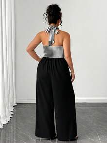 SHEIN Clasi Plus Size Women's Brown Striped Patchwork Jumpsuit, Summer Elegant Halter Criss-Cross Wide Leg Jumpsuit, Office Lady Playsuit - Black - View 2