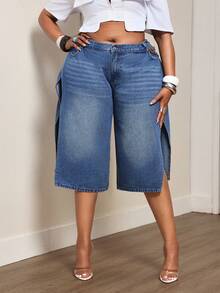Slaydiva Plus Size Women's Non-Stretch Denim Jeans With Design Chain High Waist Hollow Out Sexy 90s Street Style Loose Straight Leg Side Slit Washed Light Blue - Dark Wash - View 4