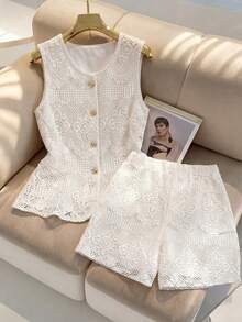 Formidée Plus Size Women Casual Elegant Lace Sheer Front Button Top And Shorts 2 Pieces Set - Apricot - View 9