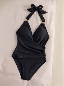 Swim Chiccia Neuankömmling Luxus eleganter heller/milchbrauner Neckholder Badeanzug, sexy tiefer V-Ausschnitt Bikini mit hochwertigem Goldring Detail, geraffter Taille Bauchkontrolle, Schleifenrücken, hoher ausgeschnittener frecher Schnitt, körperformender Badeanzug, weiches dehnbares Material, minimalistisches Design, retro Y2K Spice Hot Girl Stil Bademode, Bräunungsbadeanzug für Sommer Strandurlaub, Pool Party, Musikfestival, tropische Küstenbrunch Ausflüge, Küsteninsel Urlaub und moderne Vibes - Schwarz - Übersicht 9