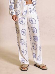 Musero Oversized Lose Fitting Motif Wovan Elasticated Waist Trousers Spring Summer Essentials Co-Ord Trousers Only - Blue and White - View 2