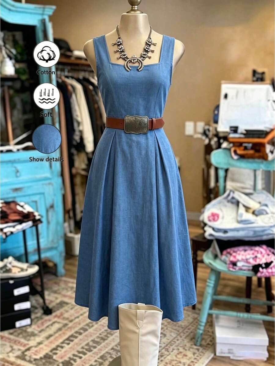 SHEIN Raffinéa Light Blue Vertical Striped Square Neck Elegant Back Tie Waist Dress - Blue - View 1