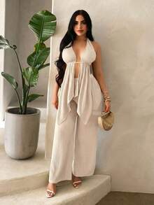 SHEIN SXY Women's Beach Vacation Club Vacation Vacation Textured Sexy Tropical Tropical Pleated Halter Neck Tank Top And Loose Long Pants Set Beige Summer - Apricot - View 5