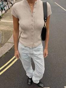 Aloruh Women's Elegant Casual Commute Short Sleeve Knit Cardigan, Minimalist Solid Color - Khaki - View 3