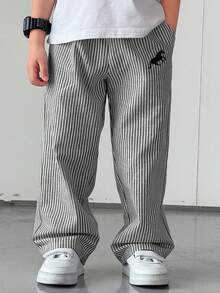 SHEIN 男童休闲街头风条纹梭织长裤，带口袋，直筒裤型，轻便舒适，适合外出、度假、摄影、上学、运动、聚会等多种场合，春夏皆宜。 - 黑色 - 查看 3