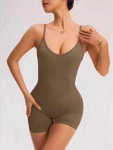 Slayform Slayform Women's Solid Color Open Back Camisole And Bike Shorts Jumpsuit, For Daily Workout Chinese New Year Compression Bodysuit Bbl Shapewear Body Suit Fit - Khaki - View 5