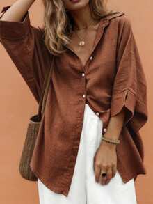 EMERY ROSE Camisa de mujer talla grande para primavera/verano, casual, sencilla y versátil, estilo resort, color caqui liso, corte holgado con hombros caídos y cuello, perfecta para primavera y verano - Óxido marrón - Ver 4