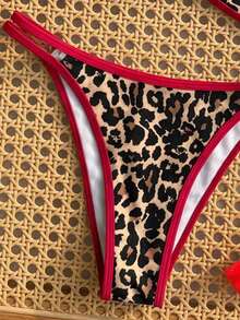 Swim Vcay Conjunto de bikini de triángulo de cintura baja con top bandeau con lazo y estampado de lunares, nuevo y sexy para mujer en verano - Rojo - Ver 4