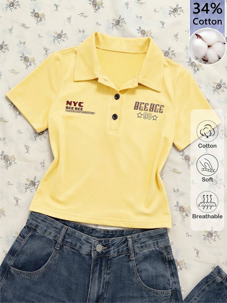 SHEIN 青少年女孩字母印花領口鈕扣短袖T恤