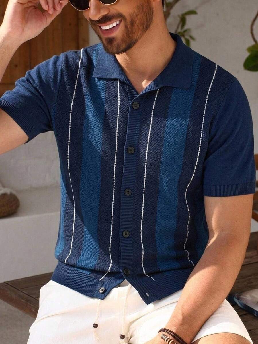 Manfinity Homme 男士撞色条纹印花纽扣短袖针织上衣,夏季 - 藍色 - 查看 1