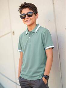 SHEIN 青少年男孩休閒學院風翻領短袖 Polo 衫 - 綠色 - 查看 4