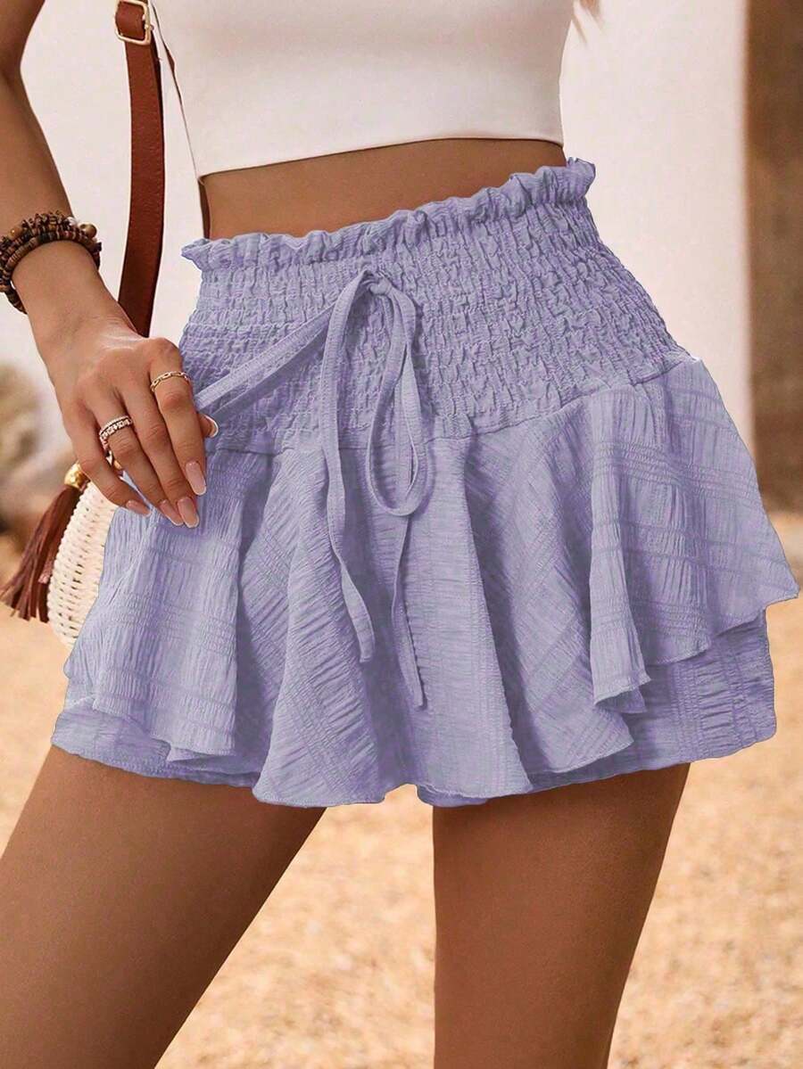 LanaWest Women's Multi-Layer Asymmetrical Hem Pleated Drawstring Shorts - Purple - View 1