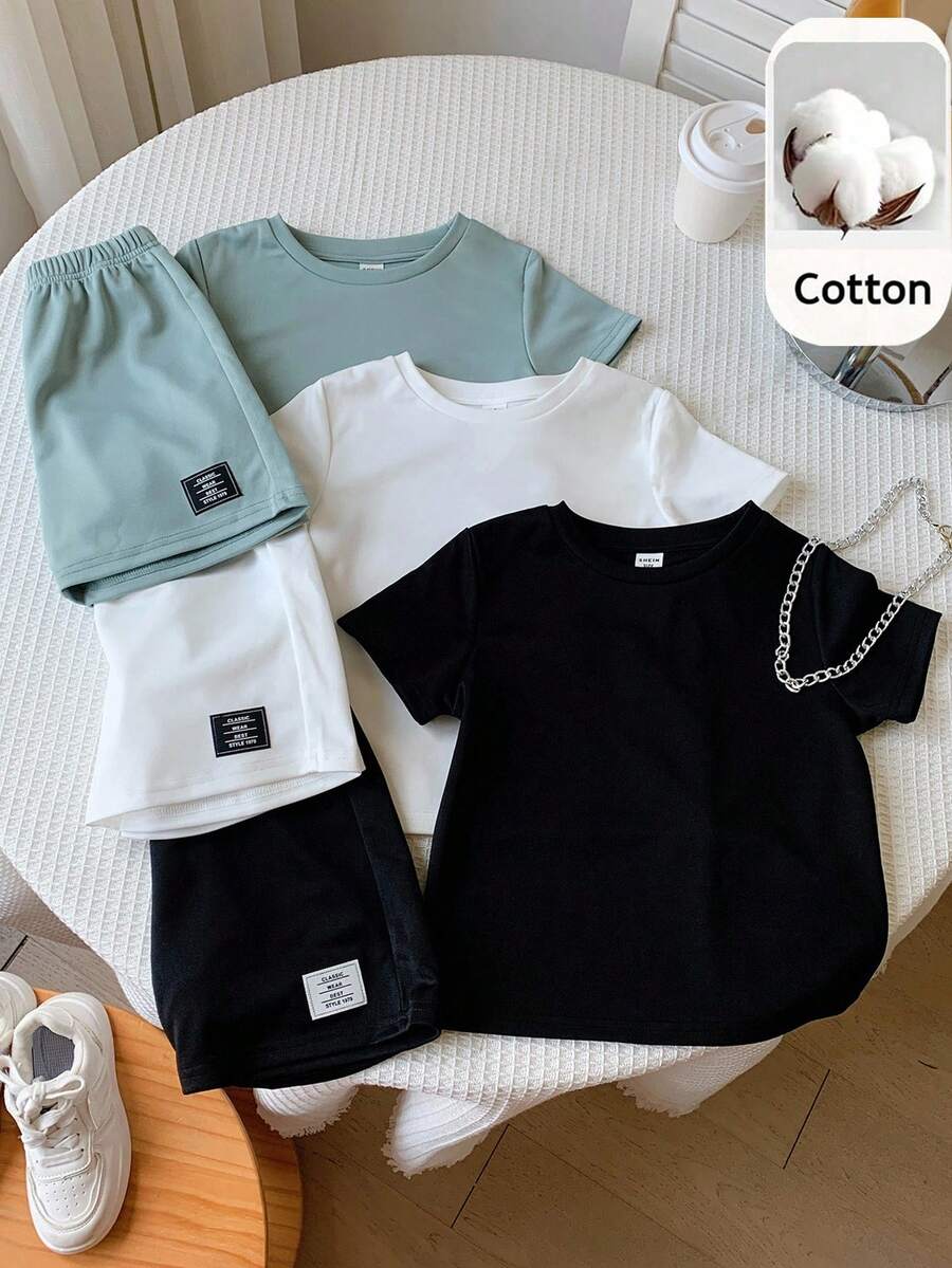 SHEIN 男女嬰兒/男嬰 3套組 100%純棉 春夏休閒可愛純色短袖T恤與短褲套裝,男嬰套裝,男嬰夏季衣物,Squishy - 彩色 - 查看 1