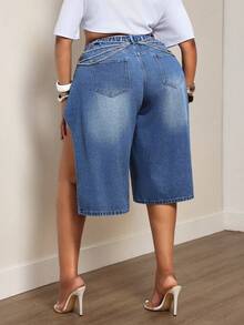 Slaydiva Plus Size Women's Non-Stretch Denim Jeans With Design Chain High Waist Hollow Out Sexy 90s Street Style Loose Straight Leg Side Slit Washed Light Blue - Dark Wash - View 2