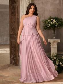 Aureia Plus Size Elegant Romantic Pink Chiffon One Shoulder Pleated — free download