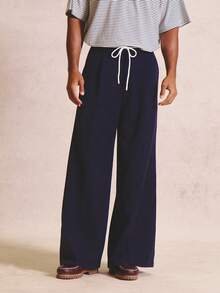 Musero Flared Fit Trouser Zip Fasten Waistband With Belt Loops Shoeslace Belt Back Darted Summer Essentials - Navy Blue - View 1