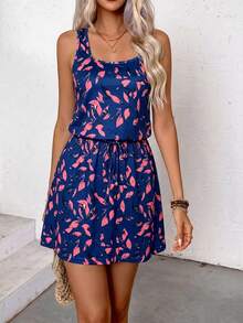 EMERY ROSE Summer Casual Leaf Printed Round Neck Sleeveless Drawstring Waist Dress Vacation Beach Outfits Women - Navy Blue - View 6