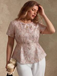 SHEIN Privé Women's Plus Size Elegant Minimalist Jacquard Waist-Cinched A-Line Pleated Shirt For Party High Tea, Street, Commute And Date Pink Summer - Pink - View 1