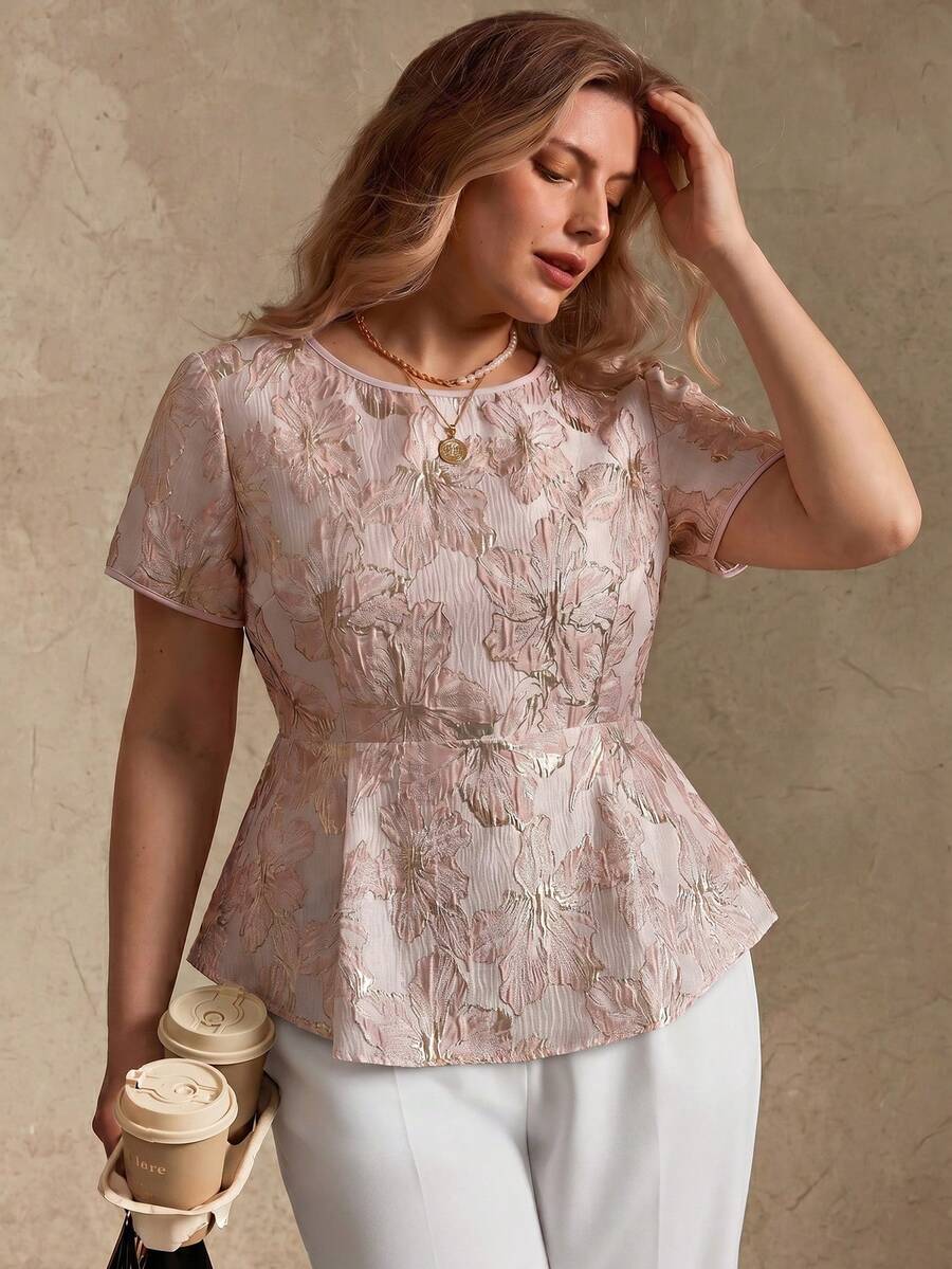 SHEIN Privé Women's Plus Size Elegant Minimalist Jacquard Waist-Cinched A-Line Pleated Shirt For Party High Tea, Street, Commute And Date Pink Summer - Pink - View 1