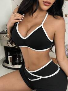 Slayform Women's Black Contrast Color Seamless Sports Bra, Sexy Slim Fit, Casual Summer, Festa Junina - Black - View 2