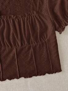 Solavibe 大尺碼女款泡泡袖方領百褶荷葉邊飾 T-shirt 棕色夏季休閒可愛仙女風 早午餐正式生日穿搭 - 棕色 - 查看 10