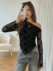 SHEIN Girlism 青少年女孩黑色星星網格不對稱單肩設計針織上衣休閒時尚百搭T恤 - 黑色 - 查看 1